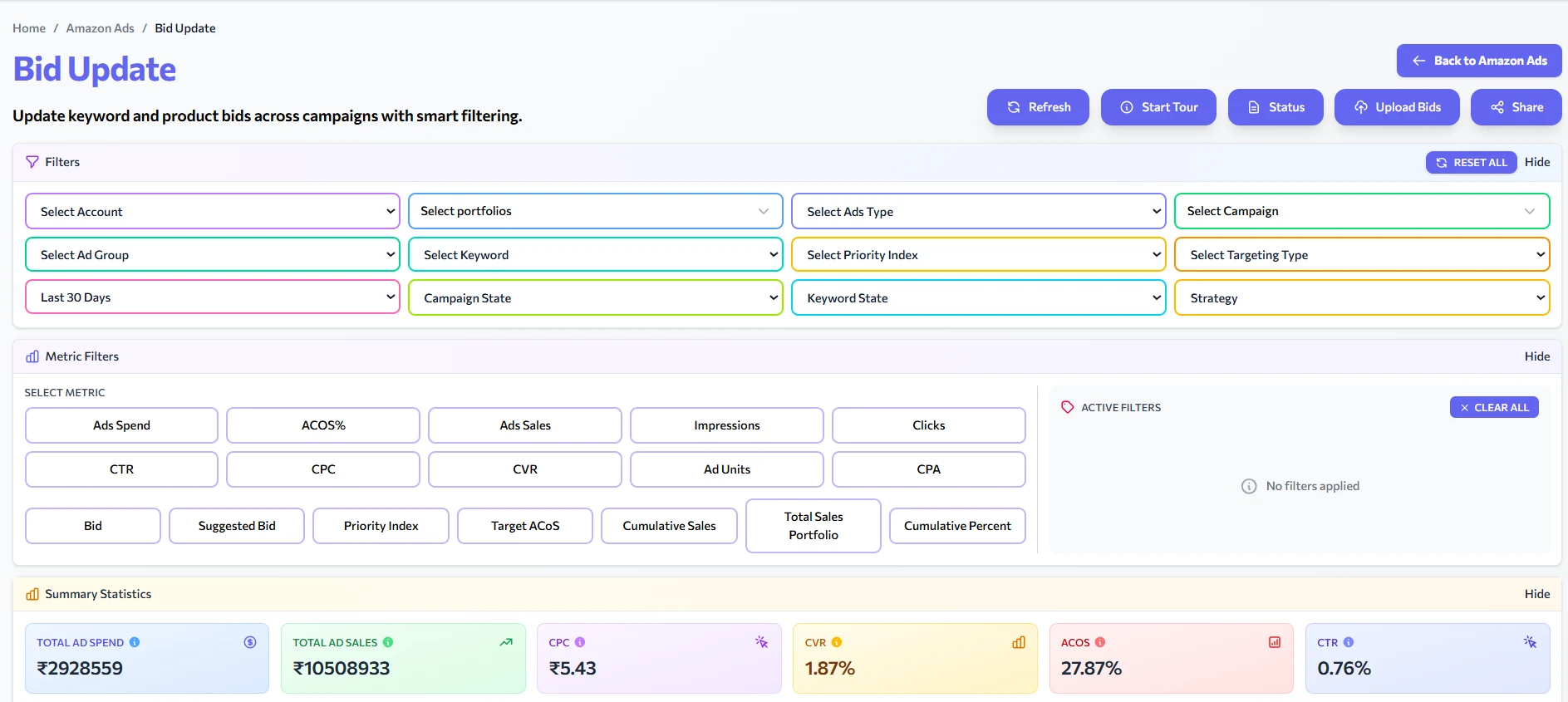 BlooprintAI bid update screen: filter campaigns and keywords, then update Amazon bids in bulk with live ad spend, sales, CPC and ACoS